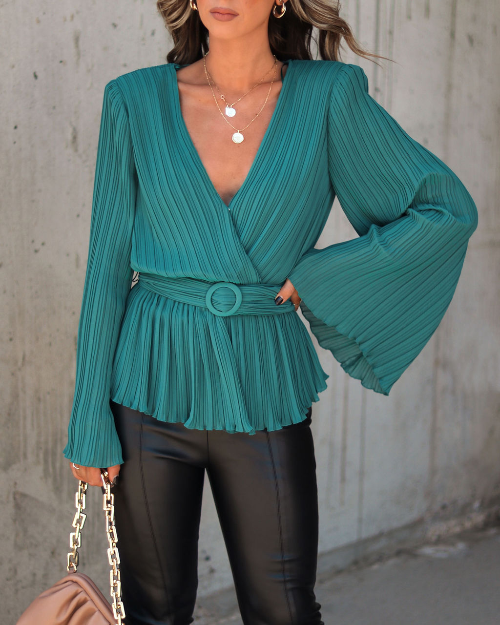 Everything And More Pleated Belted Blouse - Hunter Green - Se7enfashion