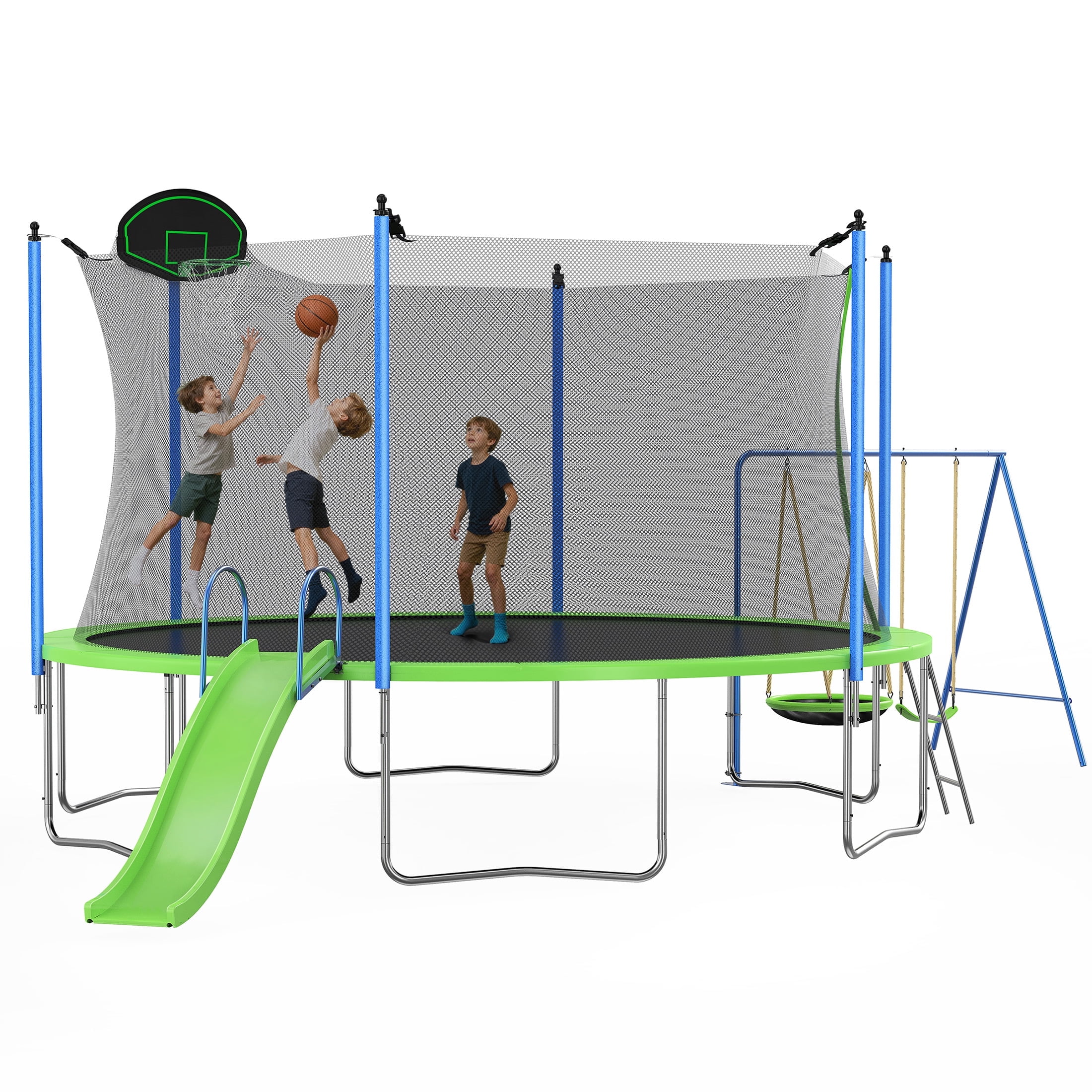 12FT Trampoline with Slide, Swings, SEGMART Recreational Trampoline with Basketball Hoop and Ladder, Heavy Duty Outdoor Backyard Trampoline with Net for Kids and Adults, Green - Image 12