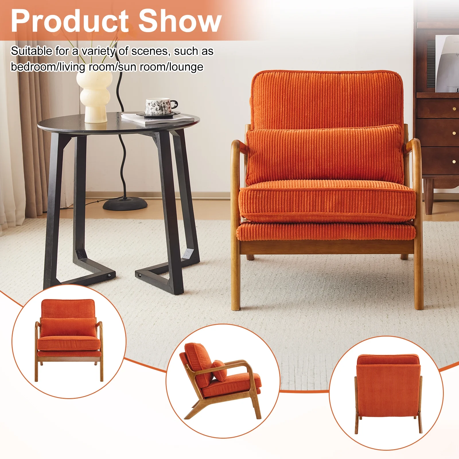 Ktaxon Accent Chair Corduroy Upholstered Armchair, Reading Club Chair with Pillow and Solid Wood Frame for Living Room Bedroom Furniture Off White - Image 25
