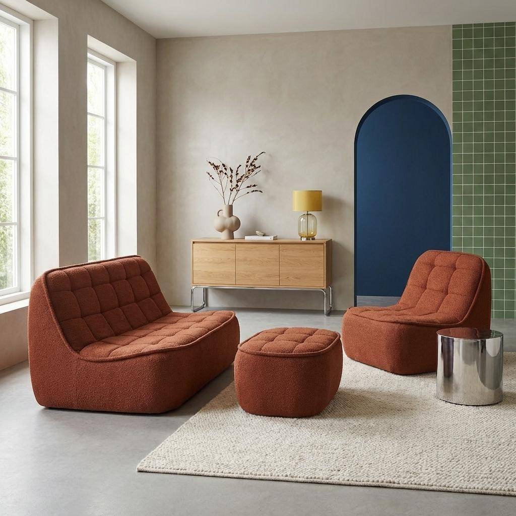 Boni - Sofá modular de borreguito texturizada con reposapiés, 3 plazas