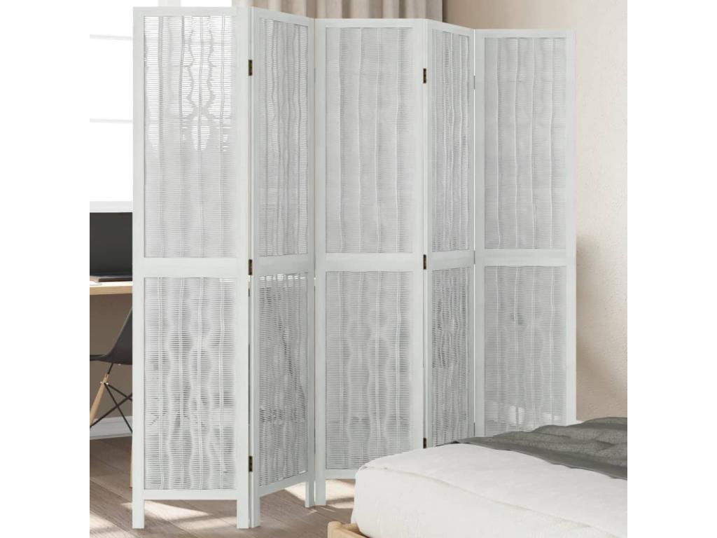 Biombo separador de 5 paneles madera maciza Paulownia blanco