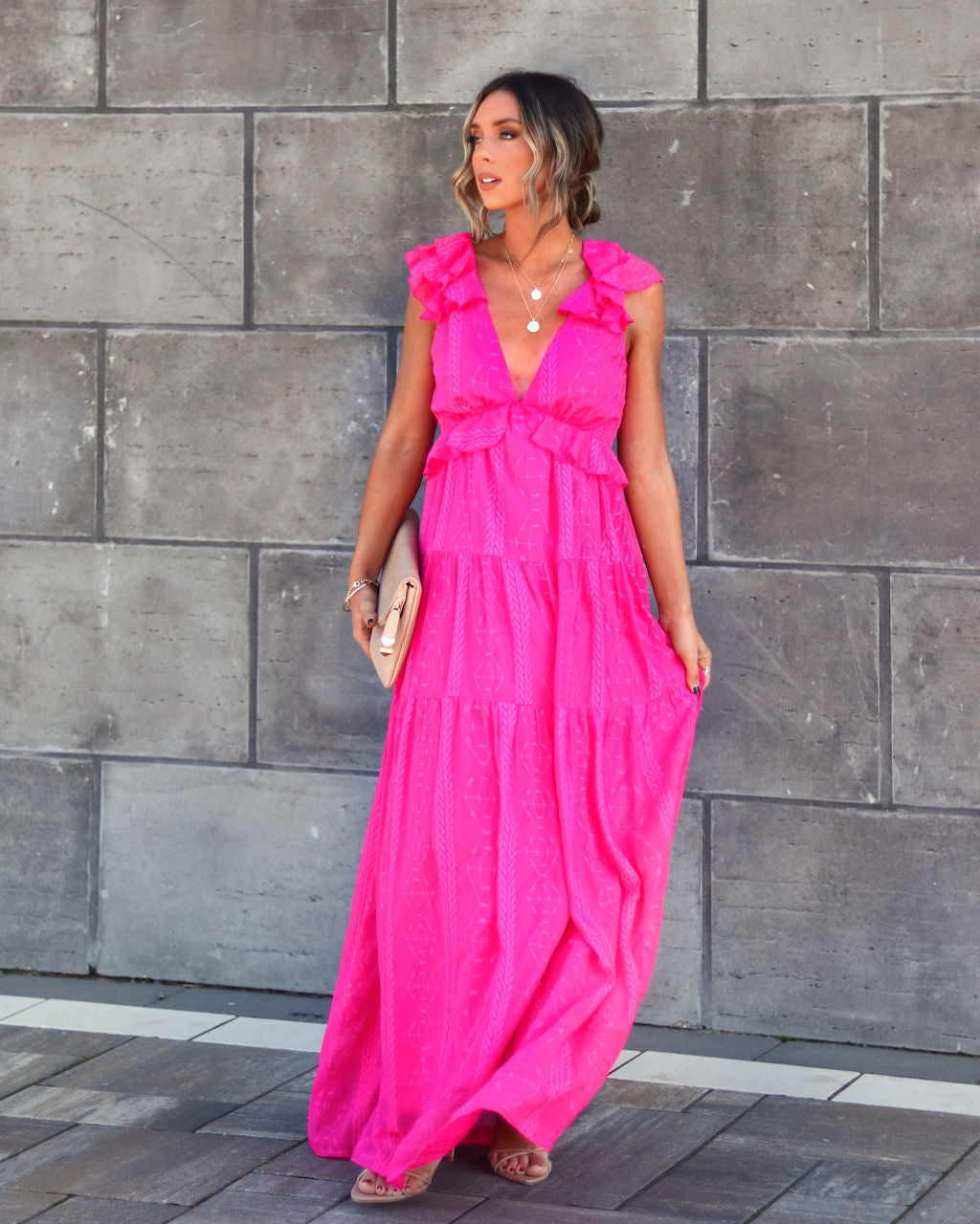 Debbie Embroidered Ruffle Maxi Dress - Fuchsia - Se7enfashion
