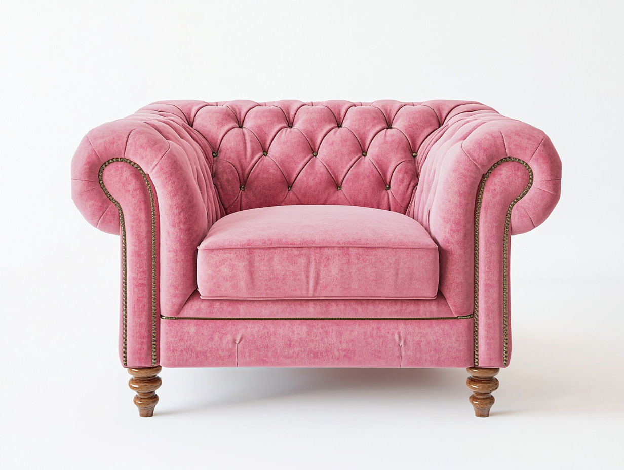 Sillón Chesterfield de terciopelo rosa con respaldo capitoné y patas torneadas – diseño clásico y sofisticado
