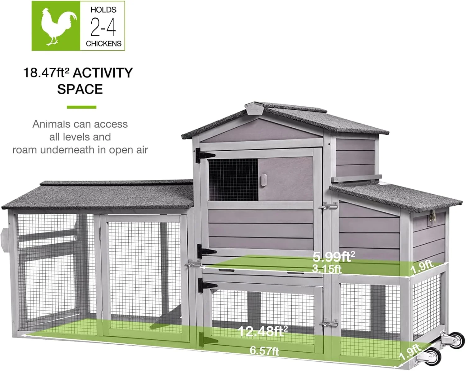 MEDEHOO 80" Mobile Chicken Coop with Wheels - Weatherproof Wooden Hen House, Outdoor Poultry Cage & Nesting Box Run, Expandable Design - Image 6