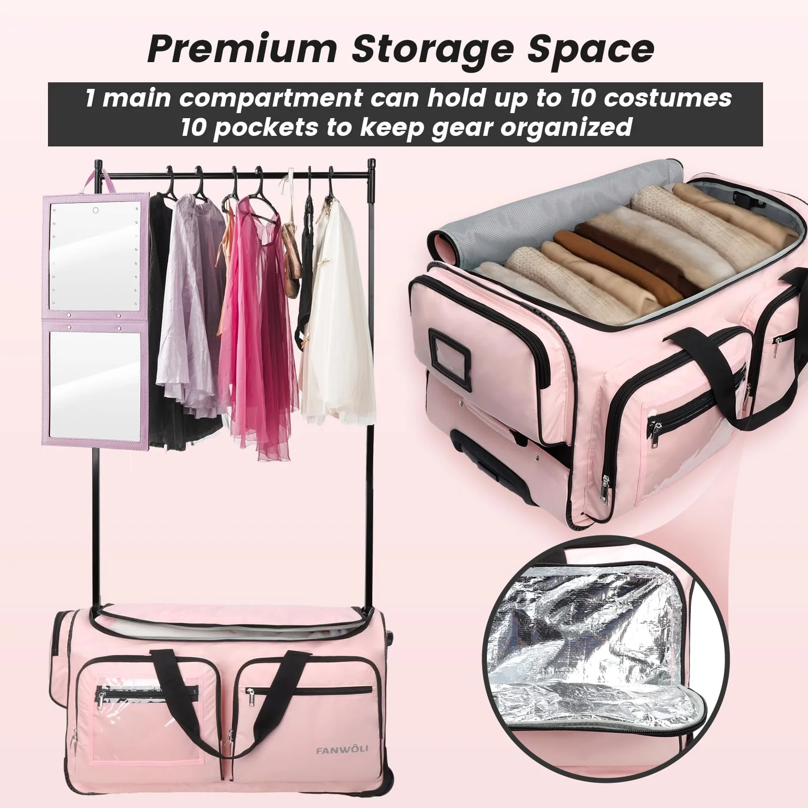 Fegat Dance Bag with Garment Rack - 28"Collapsible Rolling Competition Dance Duffle Bag Lightweight Costume Wheeled Suitcase for Dancers Shows Livestreamer Athletes - Image 12