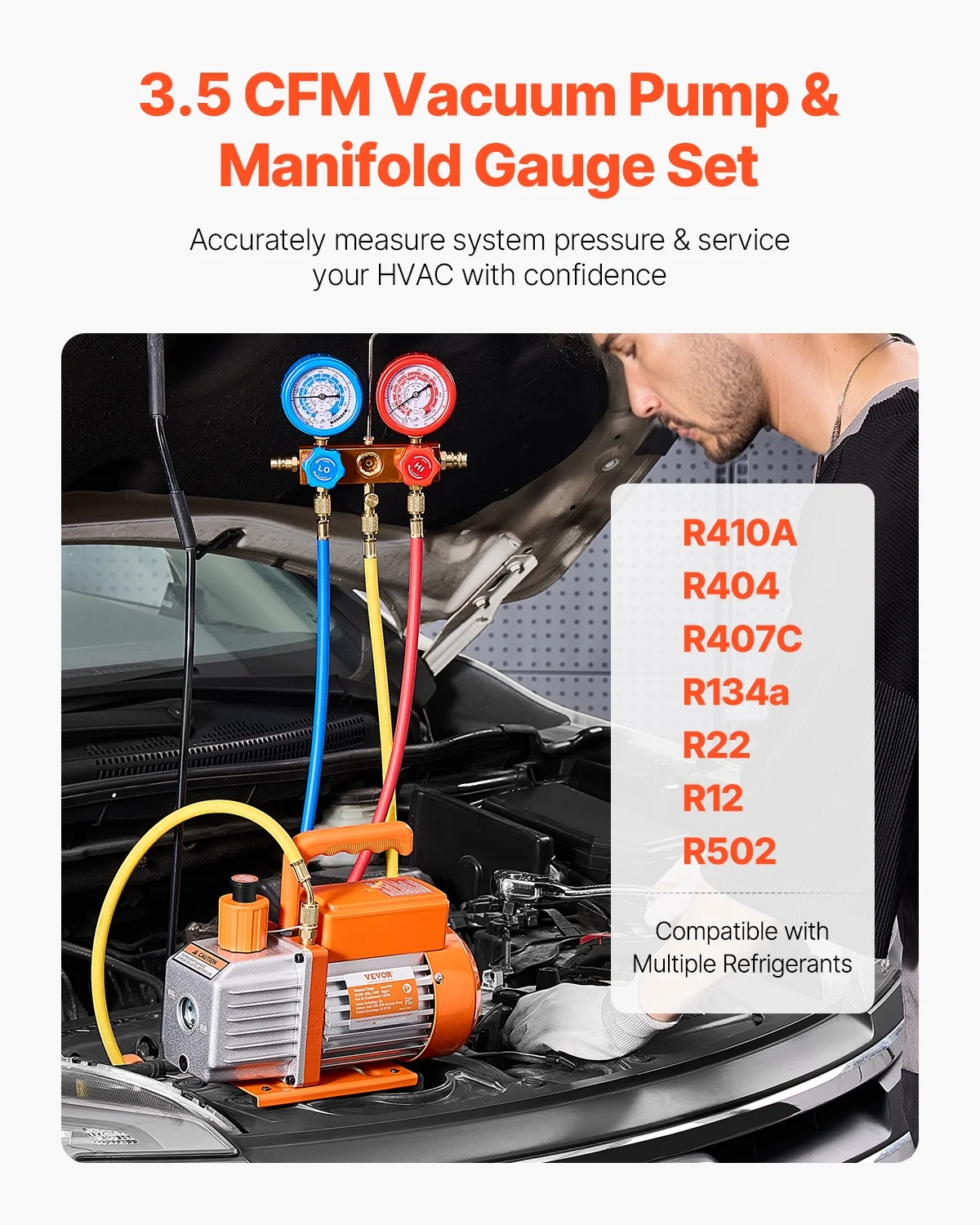 VEVOR 3.5 CFM AC Vacuum Pump and Gauge Set,Single Stage Rotary Vane HVAC Air Vacuum Pump,A/C Refrigerant Manifold Gauge Kit, with Hoses,for R134a,R12,R22,R502a,R410A,R404,R407C Refrigerants - Image 9