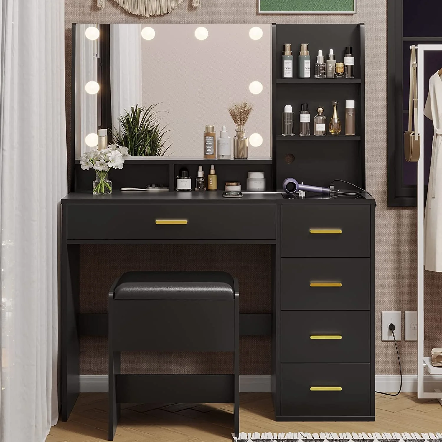 Black Vanity Set with Lights & Charging Station & Cushioned Stool, Modern Makeup Vanity Desk Table with Visible Drawers and Open Storage Shelves for Women Girls - Image 4