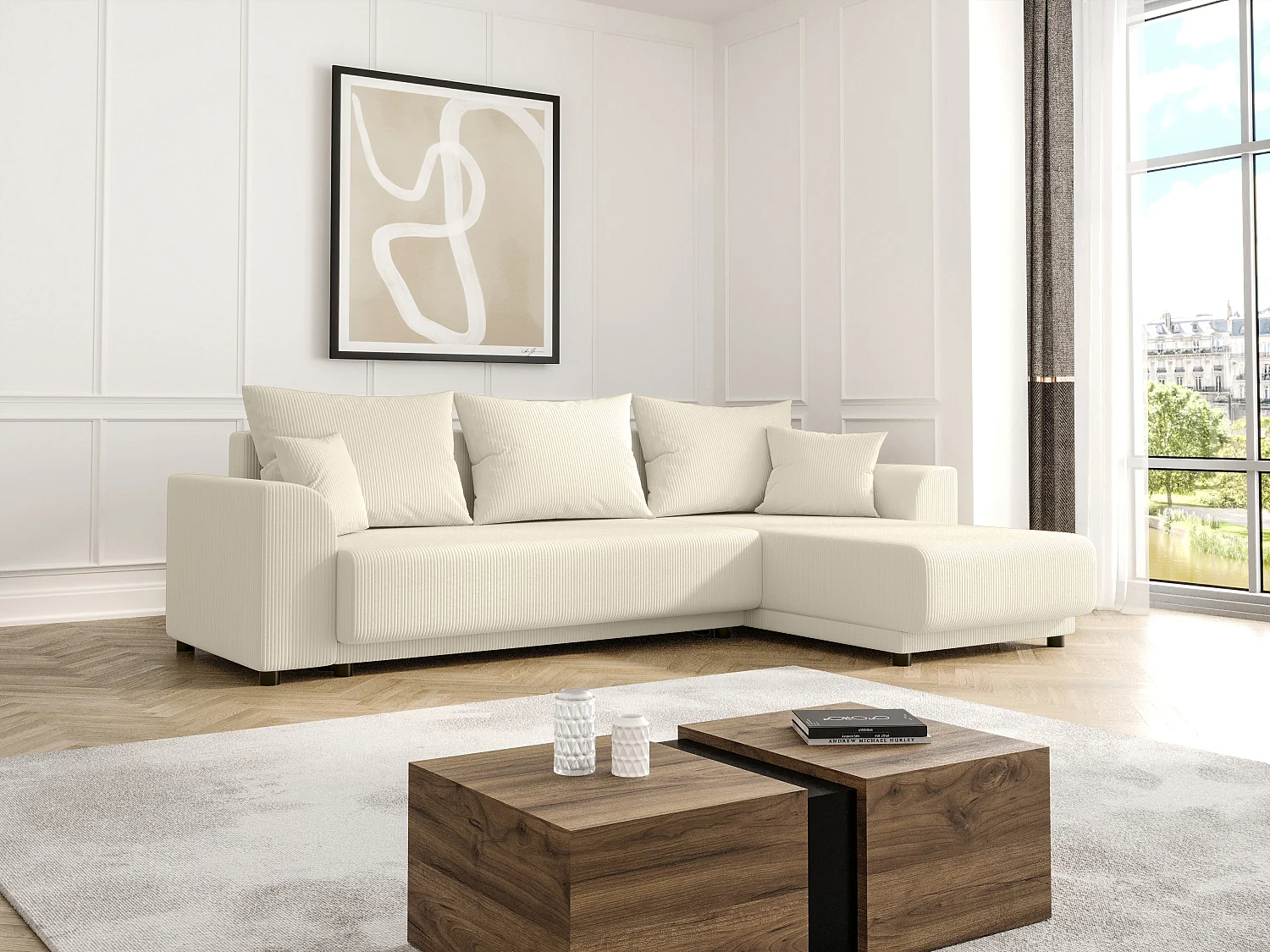 Sofá rinconera reversible de pana beige NESSARO