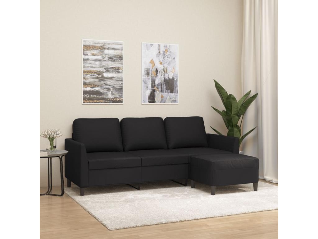 Sofá de 3 plazas con taburete cuero sintético negro 180 cm