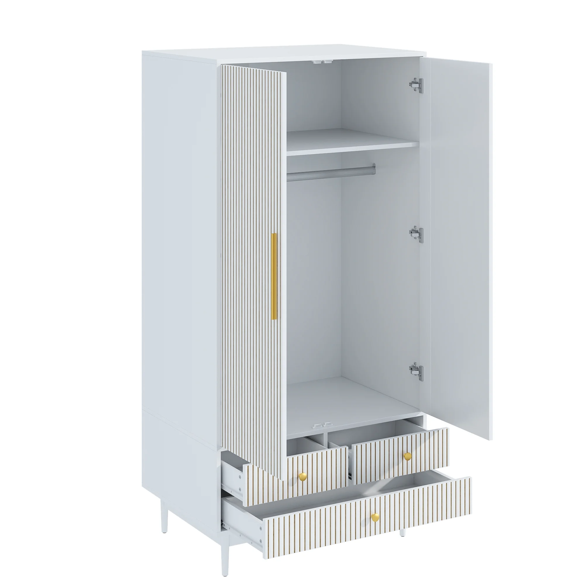Oubayajia Wardrobe Armoire Closet, 2 Fluted Doors Wardrobe Cabinet with 3-Drawer and Hanging Rod, Wood Wardrobe Storage for Bedroom - Image 24