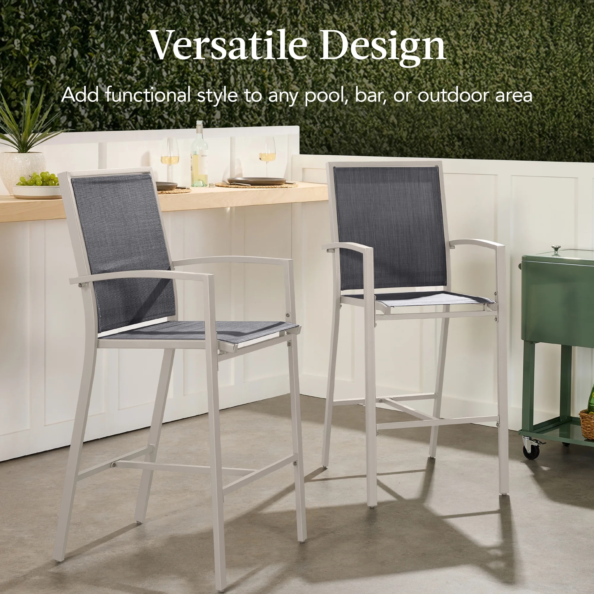 Best Choice Products Outdoor Barstools Set of 2, Bar Height Patio Chairs w/ All-Weather Mesh - Black/Black - Image 47