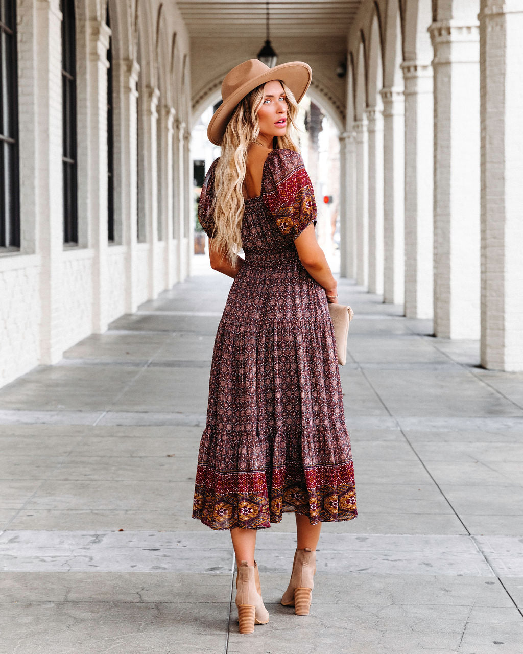 Harvest Moon Printed Tiered Puff Sleeve Midi Dress - Se7enfashion