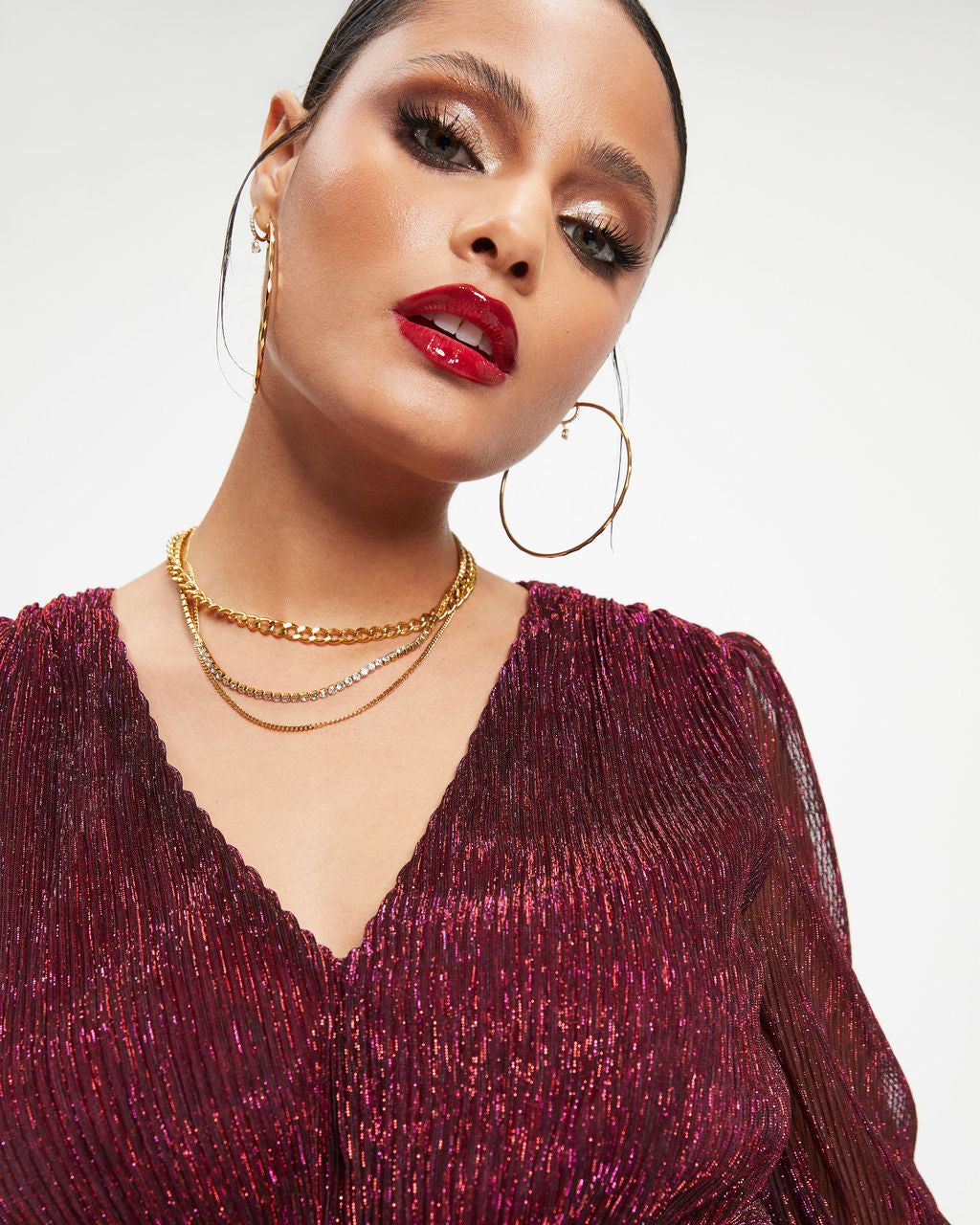 Razzle Dazzle Metallic Plisse Tiered Top - Wine - Se7enfashion
