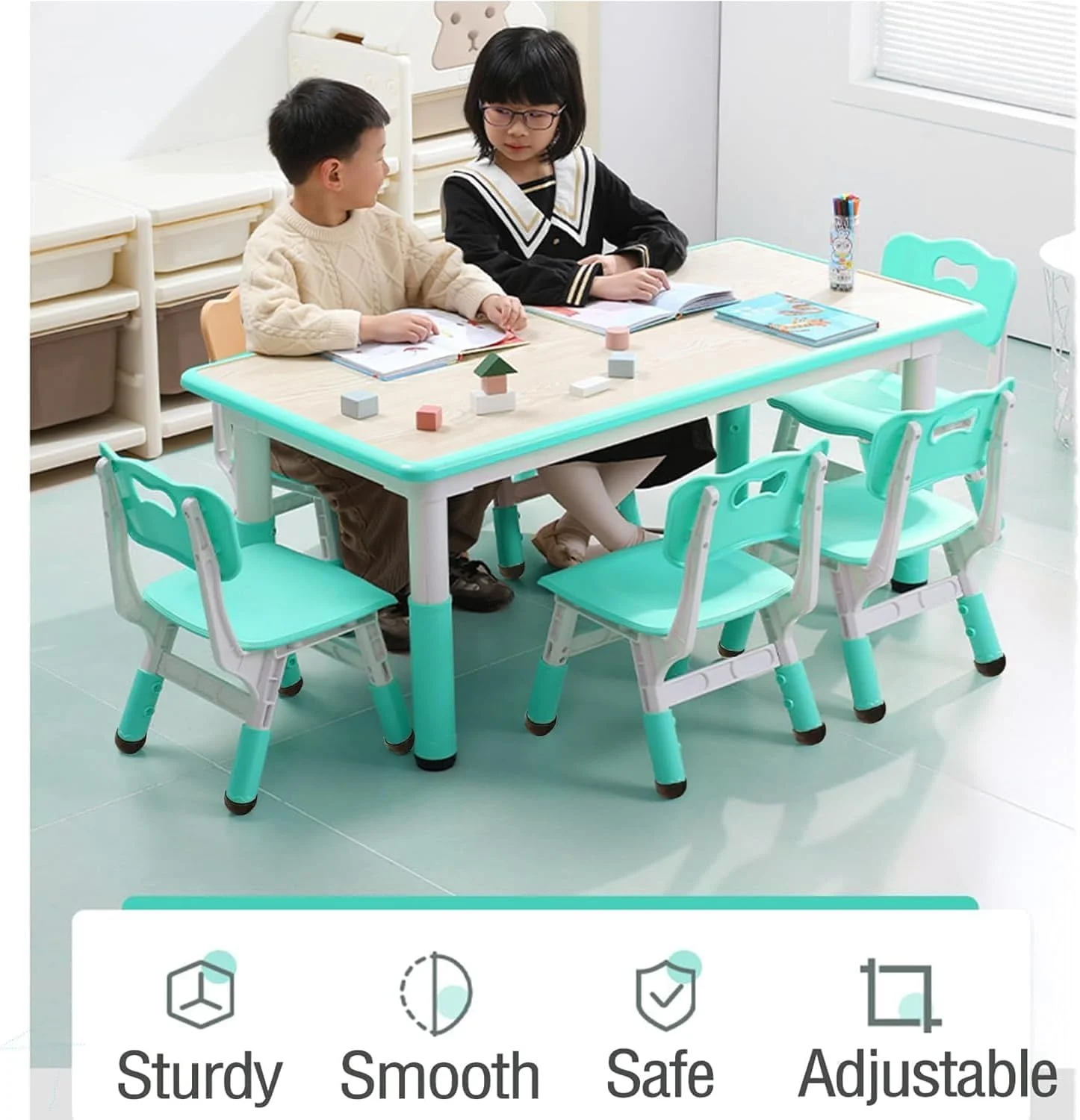 TROPOW Kids Table and Chairs,Height Adjustable Toddler Table and 6 Chair,Multi-Activity Table with Graffiti Desktop Non-Slip Legs for Ages 2-10,Children Activity Table for Daycare,Classroom,Blue - Image 17
