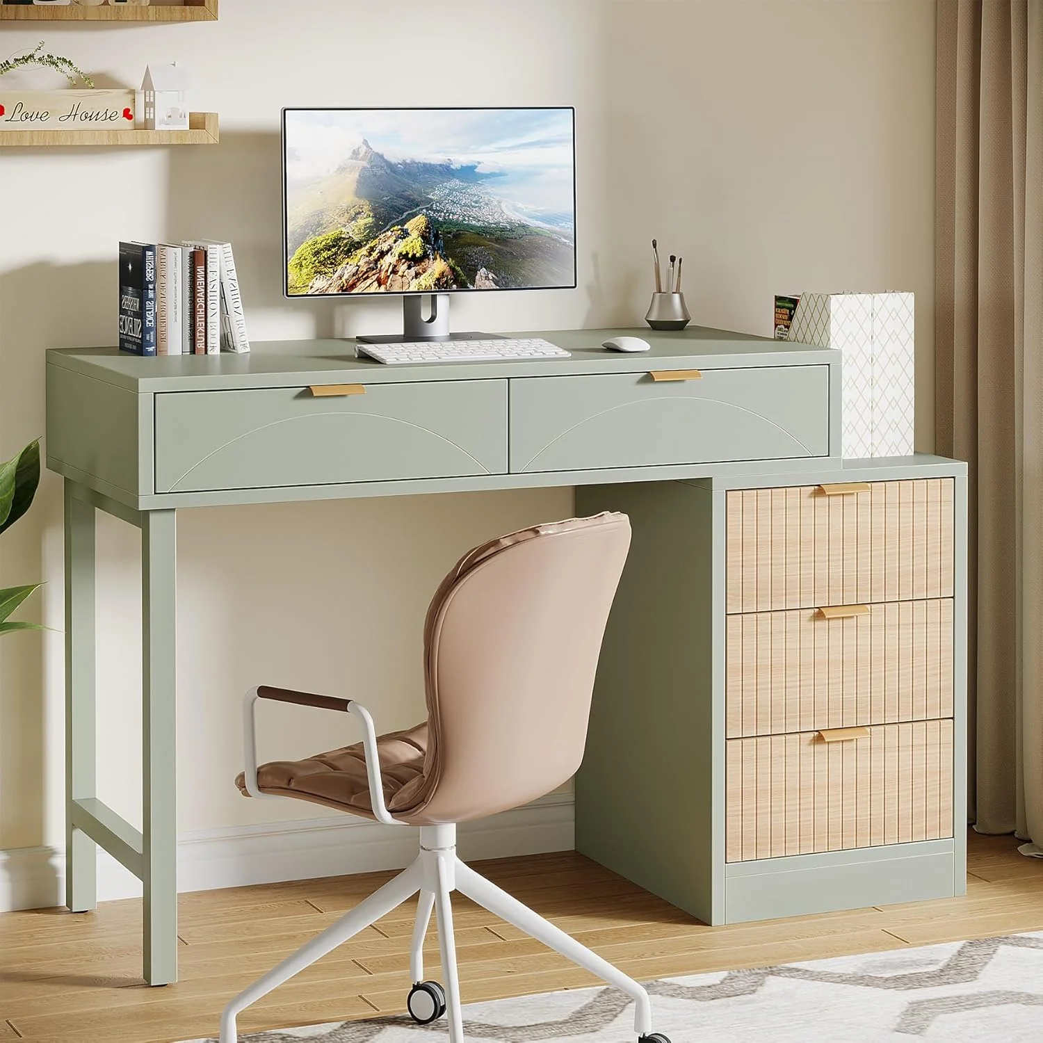 Tribesigns 39" Reversible Computer Desk with 5 Drawers, Wood Writing Desk for Home Office, Green - Image 4