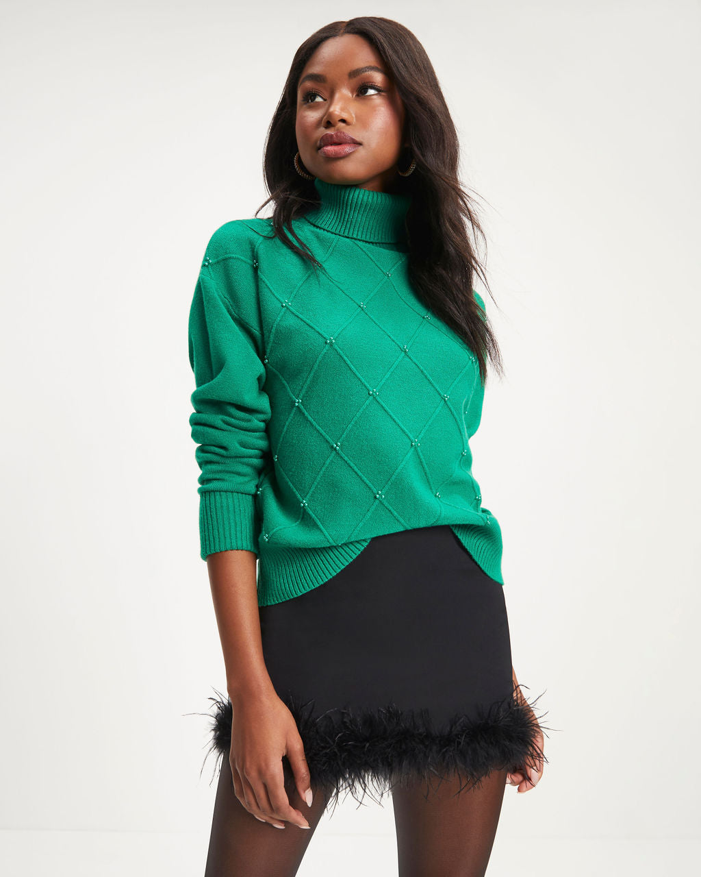 Ruth Knit Turtleneck Pearl Embellished Pullover Sweater - Emerald - Se7enfashion