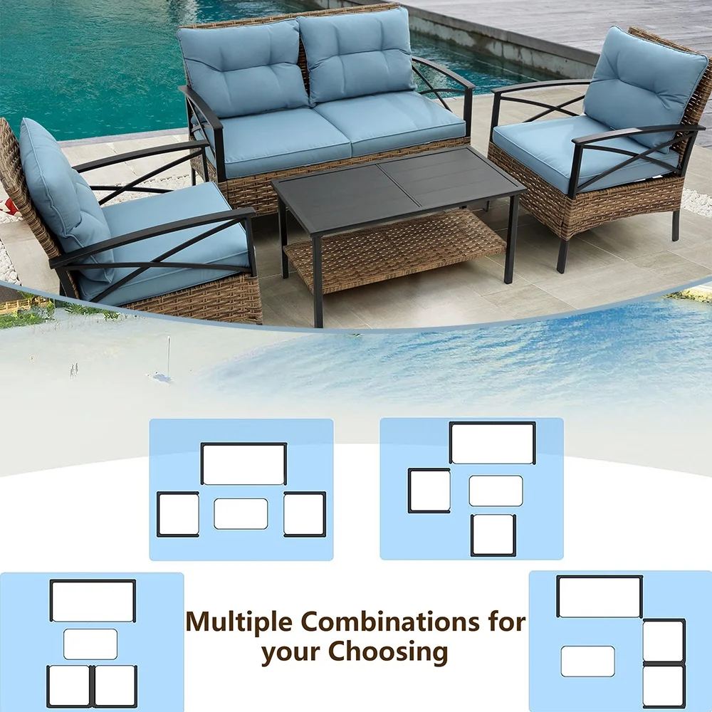 Patio Sofa Set, 4 Pieces Outdoor Sectional Furniture, All-Weather PE Rattan Wicker Patio Conversation Set, Cushioned Sofa Set with Coffee Table for Patio Garden Poolside Deck - Image 37