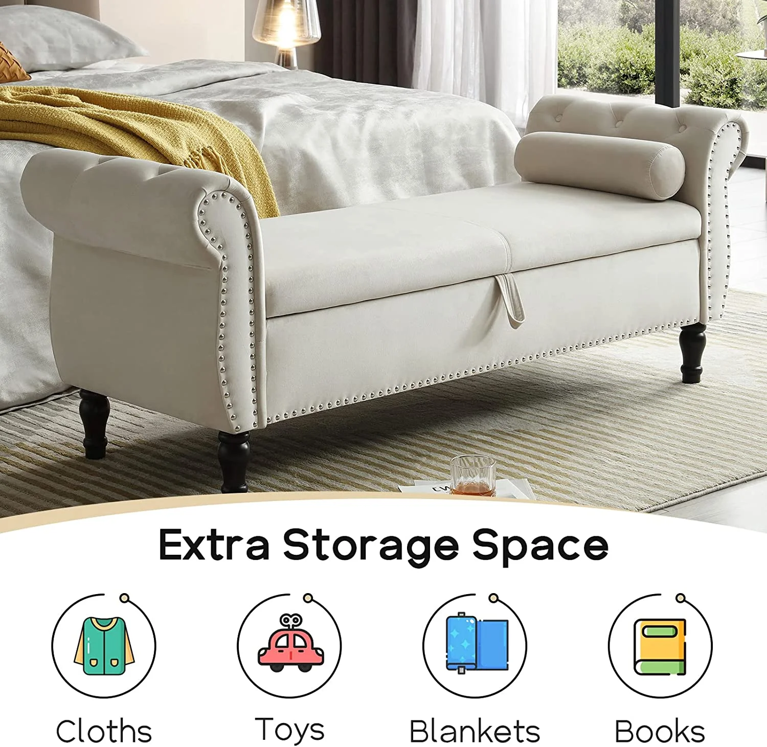 Sumdeal 43.5" Storage Ottoman Bench with 250lb Seating, Linen Upholstered Wood Legs Safety Hinge Flip Top Oval Foot Rest Long Stool for Sofa Couch Bedroom End of Bed Living Room Entryway, White - Image 96