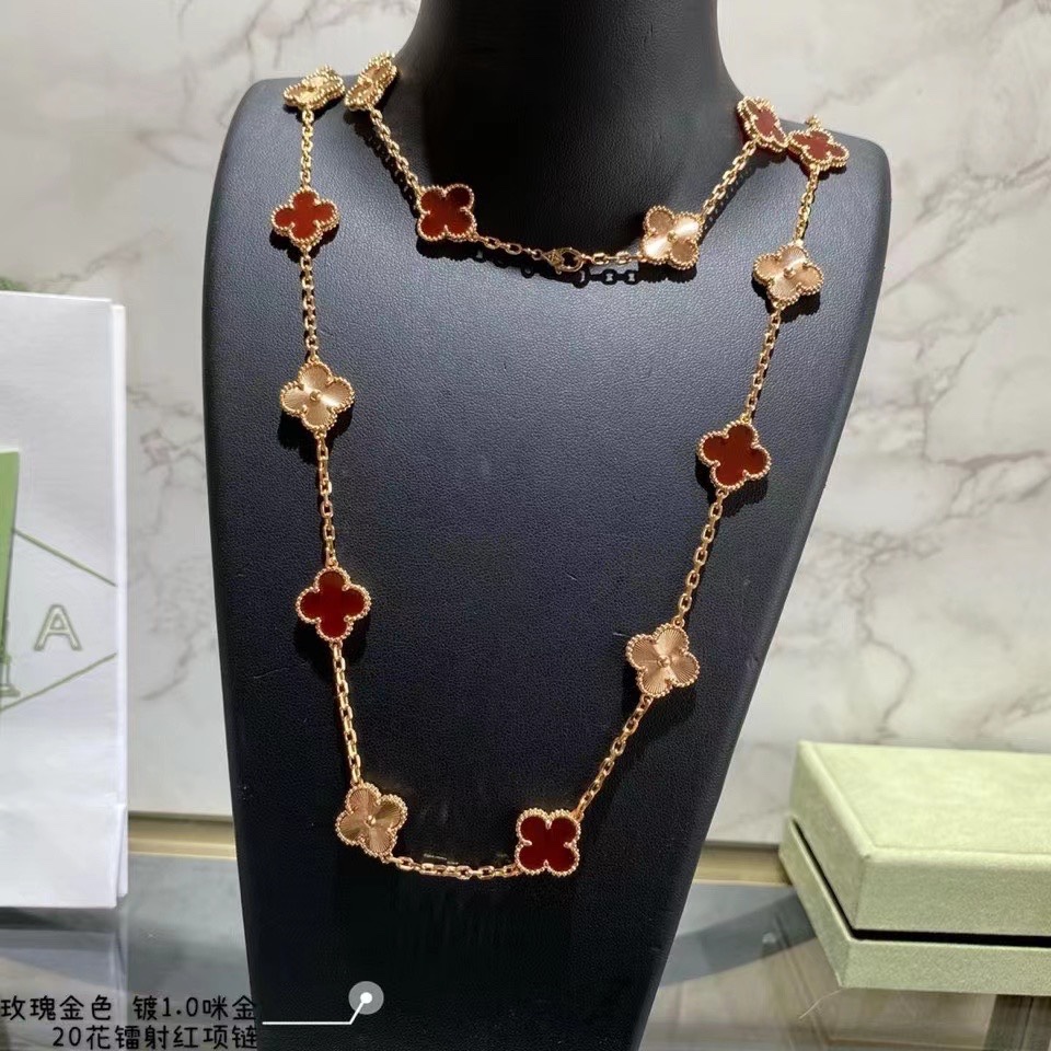 VCA Vintage Alhambra Rose Gold Mixed Carnelian Clover Long Necklace - Original Replica Club