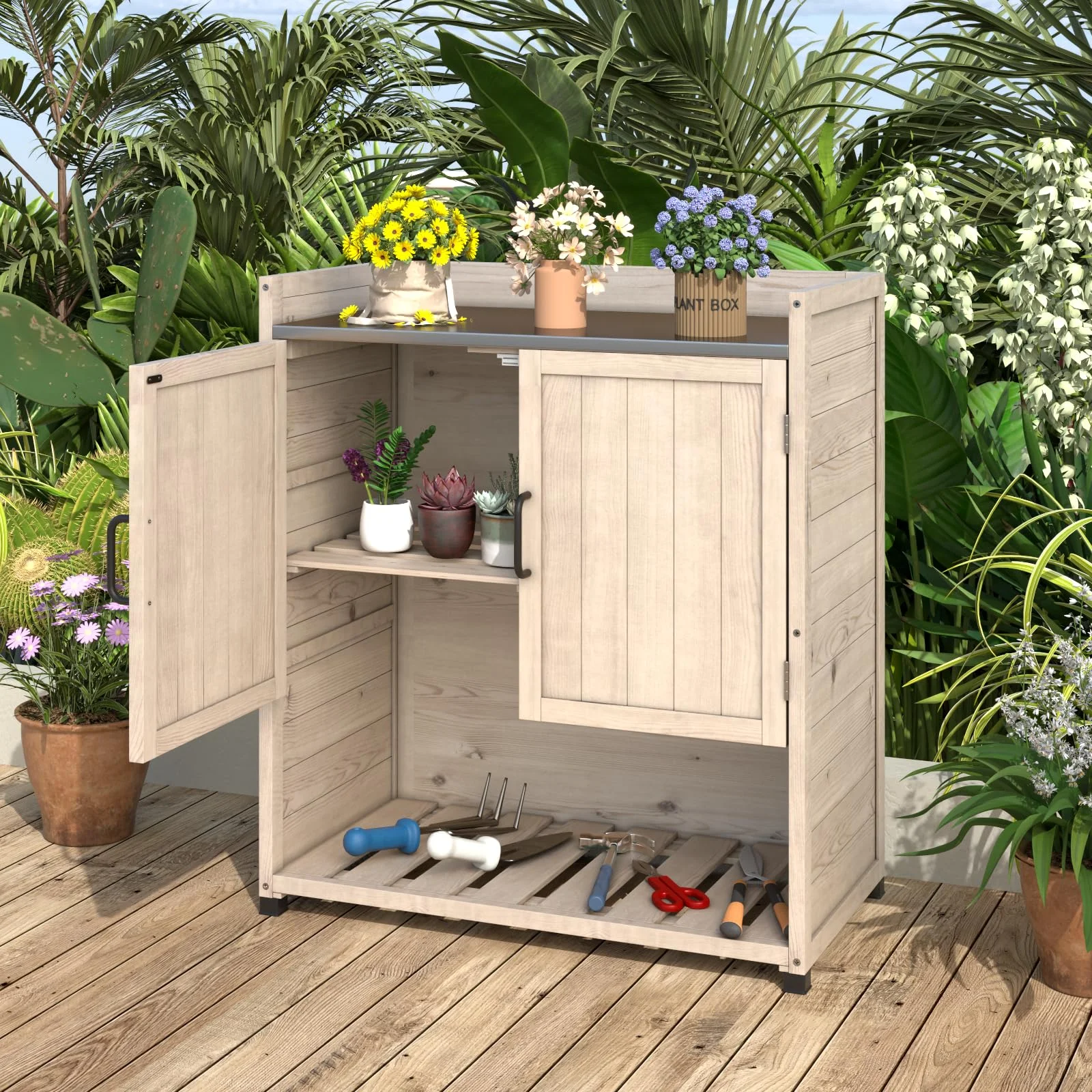 YODOLLA Potting Bench, Wooden Outdoor Storage Cabinet with Adjustable Shelf, Patio Storage with Metal Tabletop, Potting Table for Garden, Patio and Lawns, Gray - Image 10