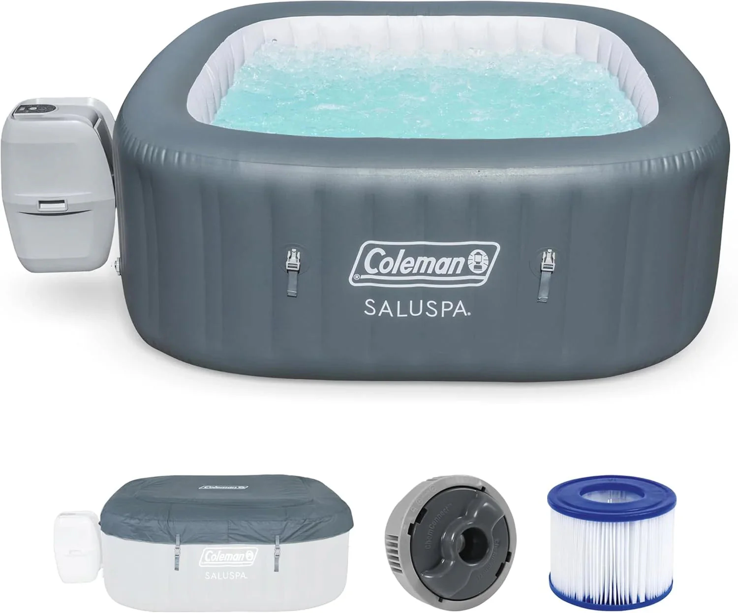 4 to 6 Person Inflatable Hot Tub Square Portable Outdoor Spa with 114 Soothing AirJets and Insulated Cover, Gray-Coleman