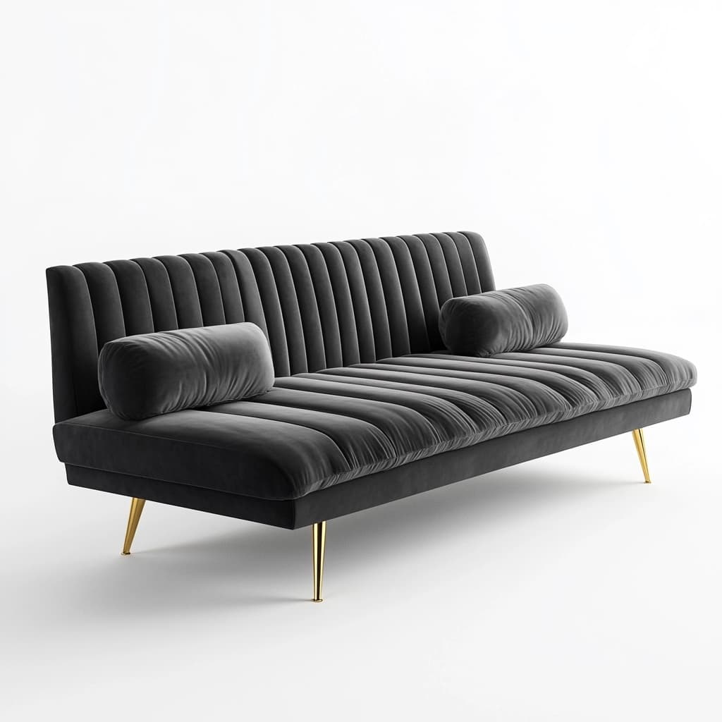 Sofá Cama Terciopelo Rectangular con Cojines Reclinable Gris Oscuro con Patas de Metal Dorado