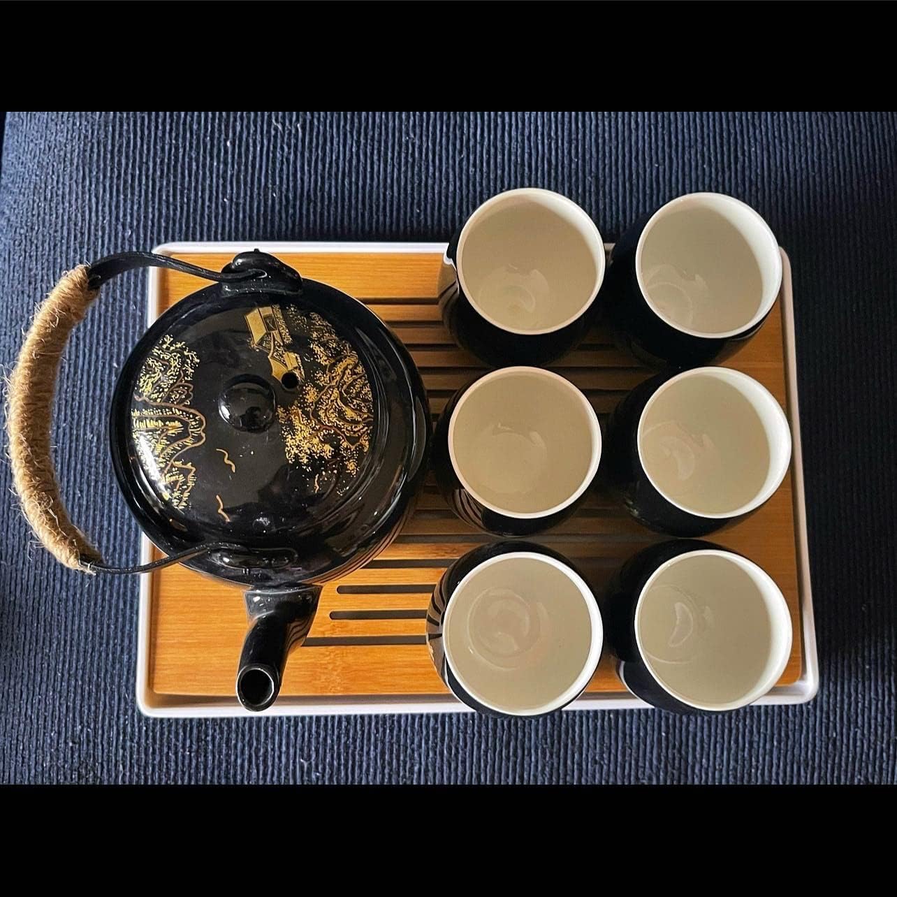 Japanese Tea Set for Adults - Elegant Golden Countryside Theme with Teapot, 6 Cups & Tea Tray, Stainless Steel Infuser - Traditional Asian Gift for Women Men, Housewarming, Wedding