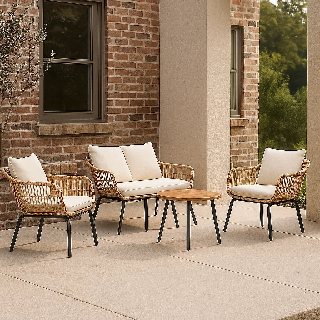 Muebles de salón para jardín,4 plazas,de ratán sintético,beige,estructura redonda,con cojines incluidos,sillón 70x72x78 cm,sofá 125x72x78 cm,mesa,diámetro 60x40 cm,para balcón o terraza. - S8p23HmpTNFK