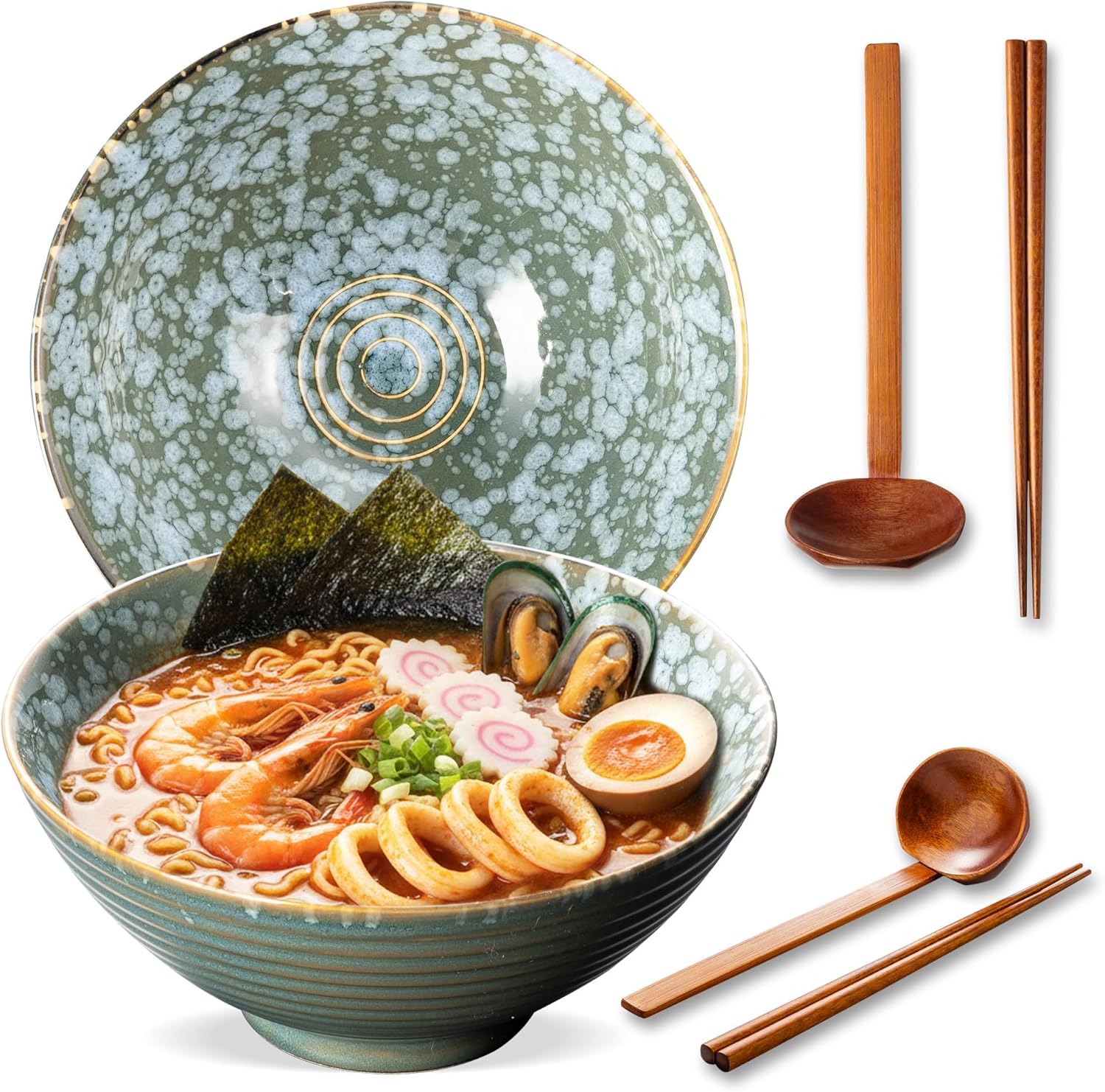8 Inch Ceramic Ramen Bowl Set of 2, 40oz Japanese Bowls with Spoons & Chopsticks,Durable,Microwave & Dishwasher Safe,Perfect for Ramen,Pho,Salad,Soup,Noodles，Mixing bowls（Verdigris Green）