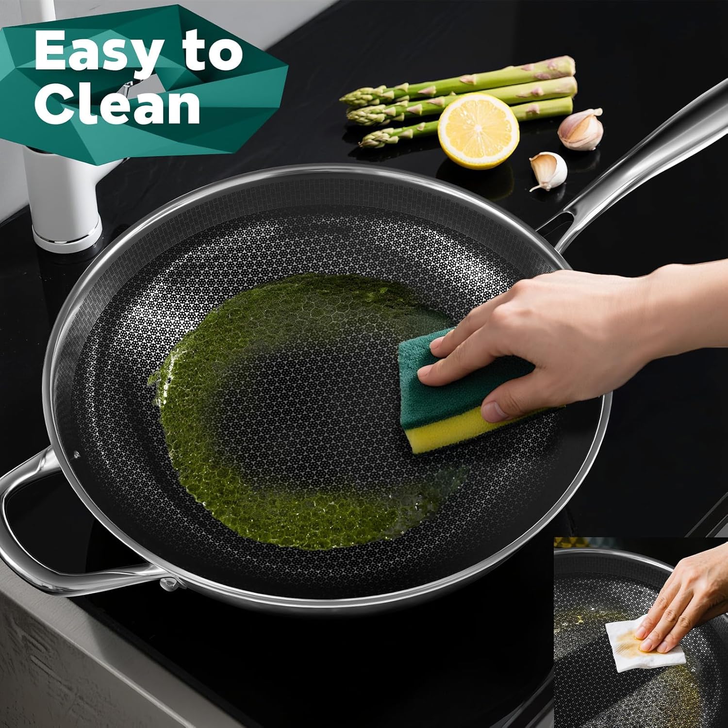 Wok Pan, 13-Inch Stainless Steel Woks & Stir-Fry Pans Nonstick, Wok Pan with Lid for Induction, Hybrid，Electric, Gas, Halogen, All Stoves, Professional PFOA Free Cookware, Dishwasher & Fast Heat