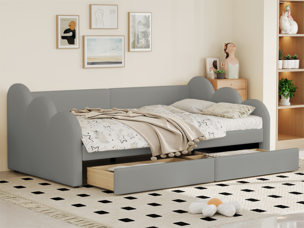 Banqueta iluminada rembourré y similicuir 90x200cm - con 2 tiroirs - Gris