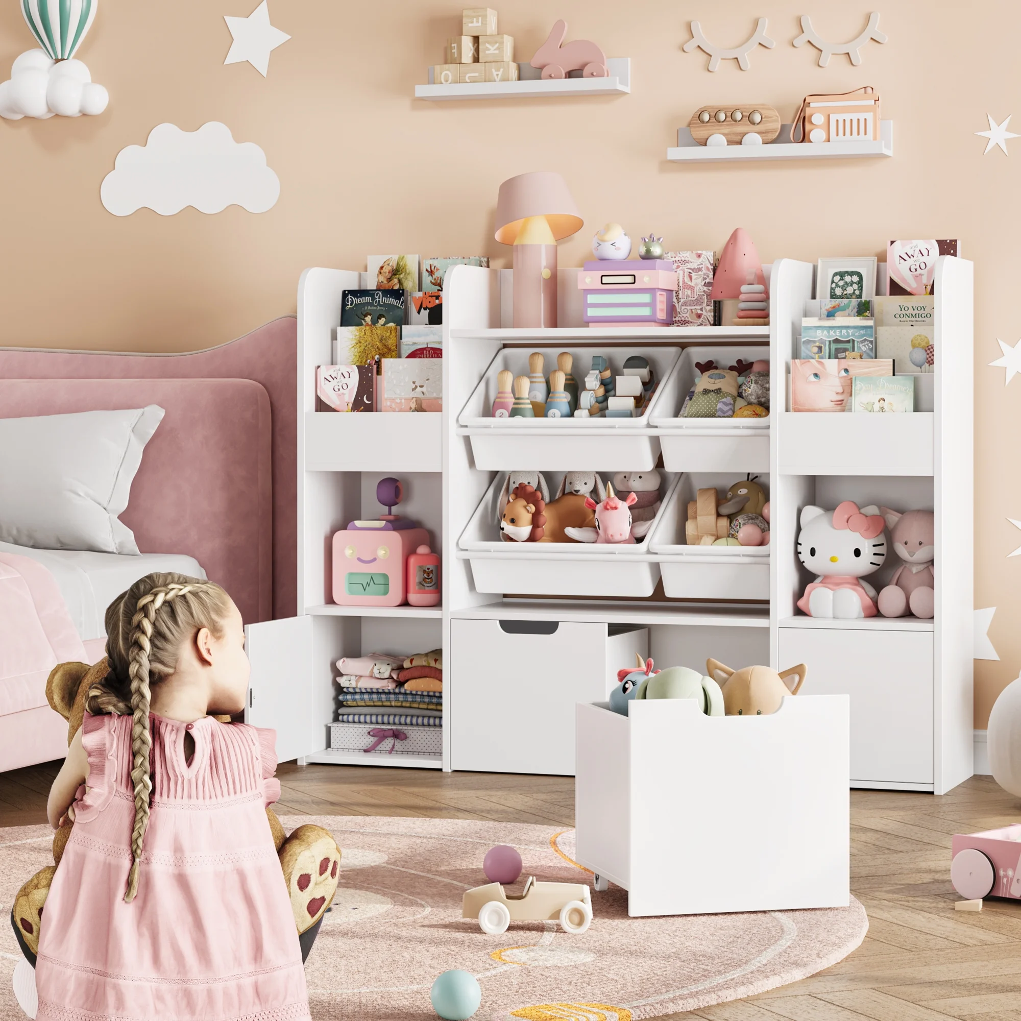 Hiphuta Kids Bookcase Toy Storage Organizer, Wooden Toy Organizer of 4 Bins& 2 Removable Drawers for Home Bedroom, Kids Bookshelf Toy Box with Book Rack, White - Image 6