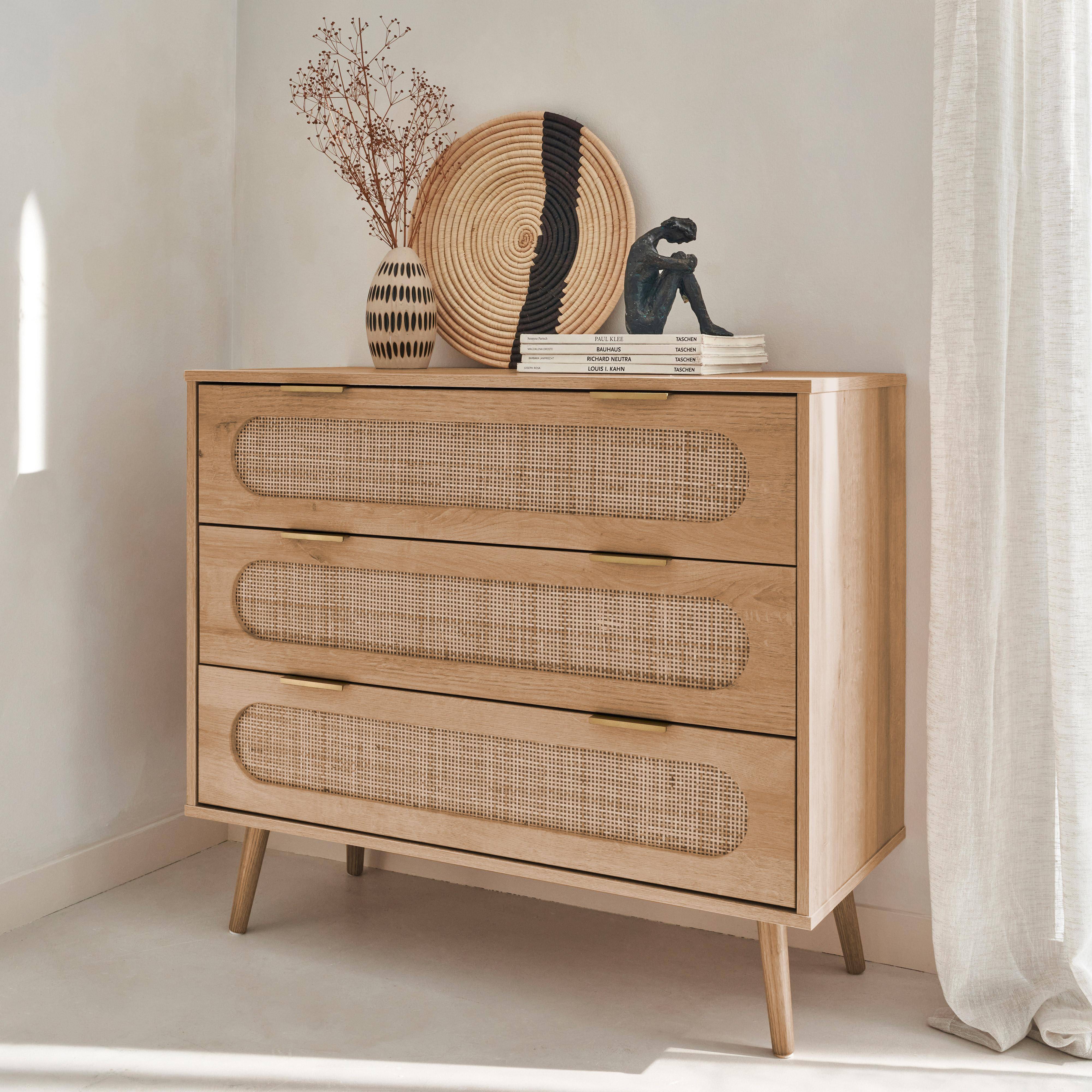 Eva - Cómoda con efecto madera y caña redondeada, 3 cajones