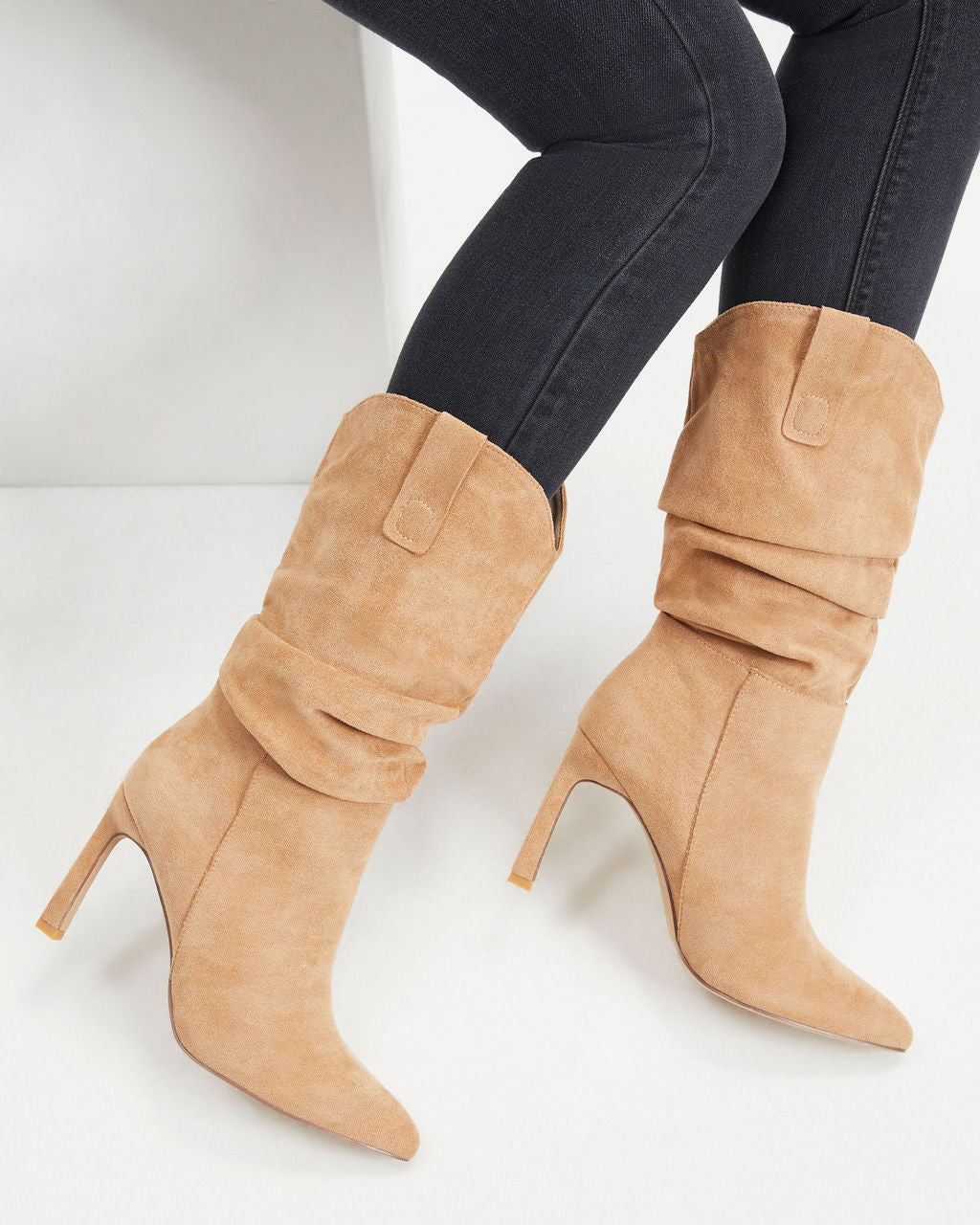 Goldie Faux Suede Heeled Slouch Boot - Almond - Se7enfashion