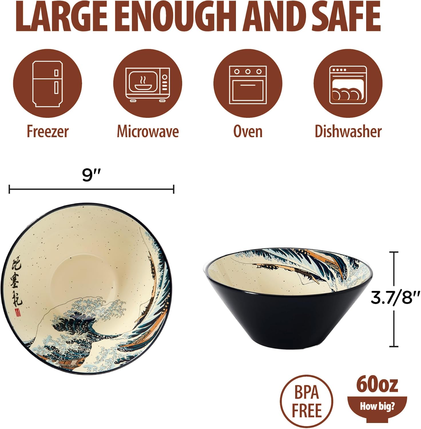BICETTO Japanese Ramen Bowl Set with Great Wave Design - 60oz Large Ceramic Bowls, Spoons, Chopsticks for Ramen, Pho, Salad, Poke - Premium Gift for Ramen Lovers - Microwave & Dishwasher Safe