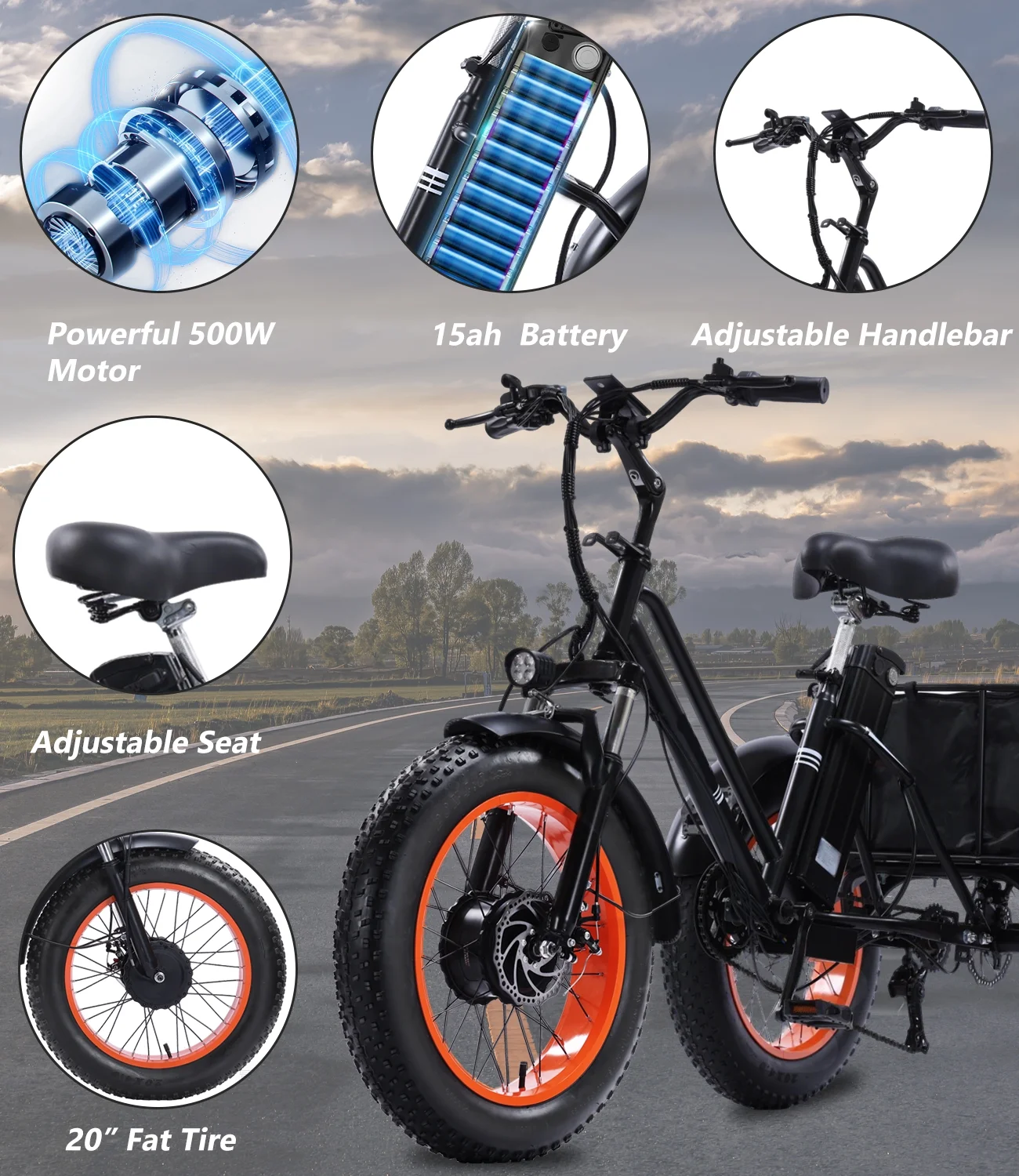 YEBEI Electric Tricycle for Adults Folding E-Trike Motorized Tricycle Electric 3 Wheels Trike Powerful 500W Motor Electric Tricycle 48V15AH Lithium Battery Max 20MPH 20*4.0- Fat Tire Orange - Image 28
