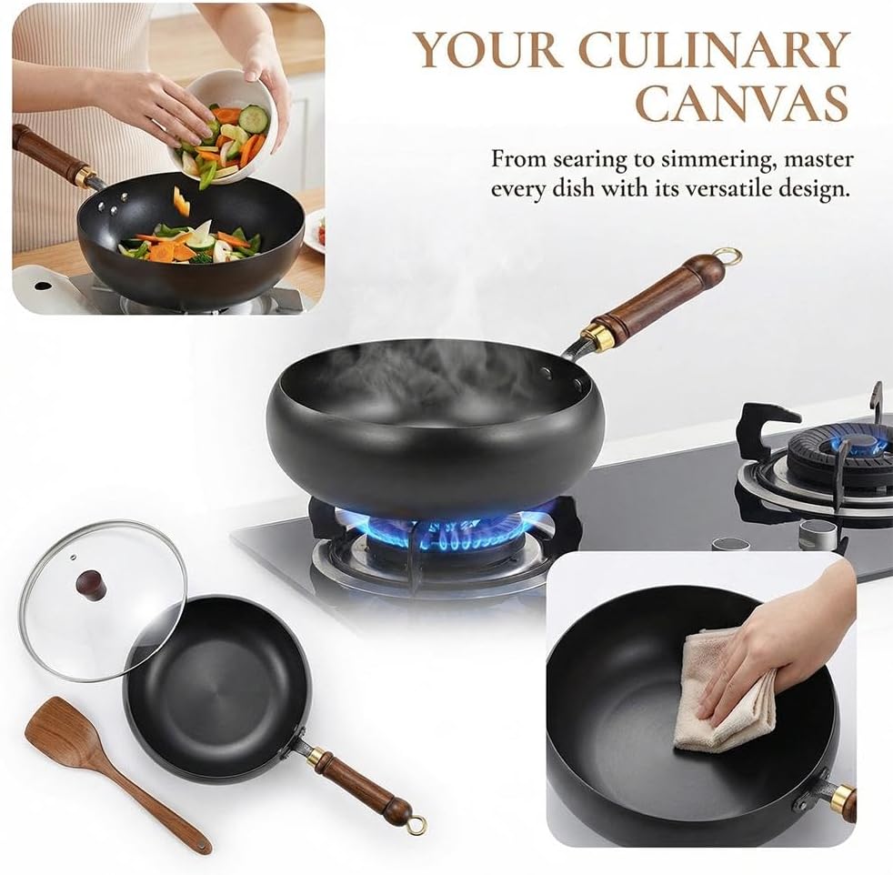 Uncoated Thick Iron Pot,Japanese Casts Irons Cookware,24cm Pure Iron Wok with Lid,Handmade Multifunctional Non Stick Cast Irons Skillet,High Purity Frying Pan for Cooking (24cm with cover)