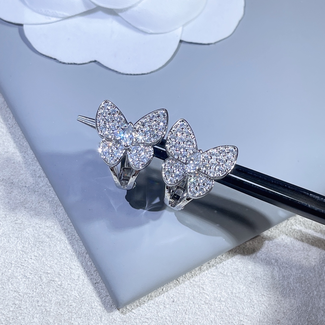 VCA Paved Diamond Silver Butterfly Earrings - Original Replica Club