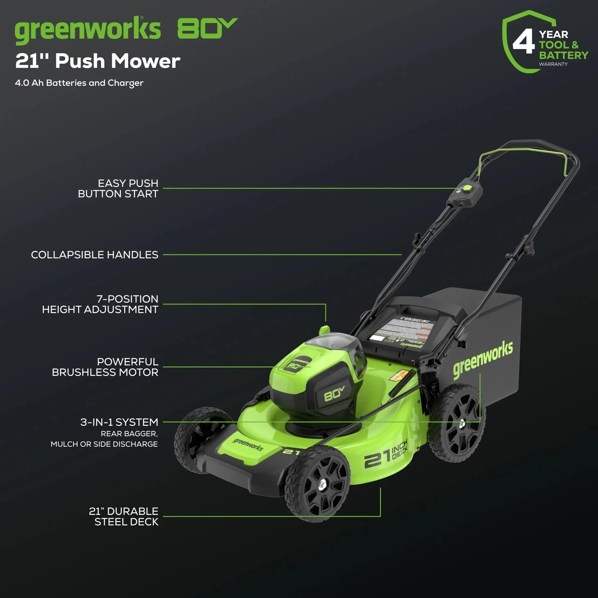 80V 21-Inch Brushless Cordless Lawn Mower