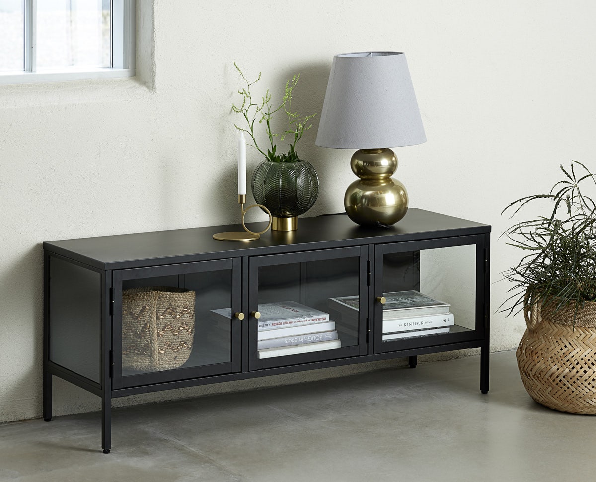 Olivine Carrie TV meubel Zwart - Metaal - Glas - B 132 cm