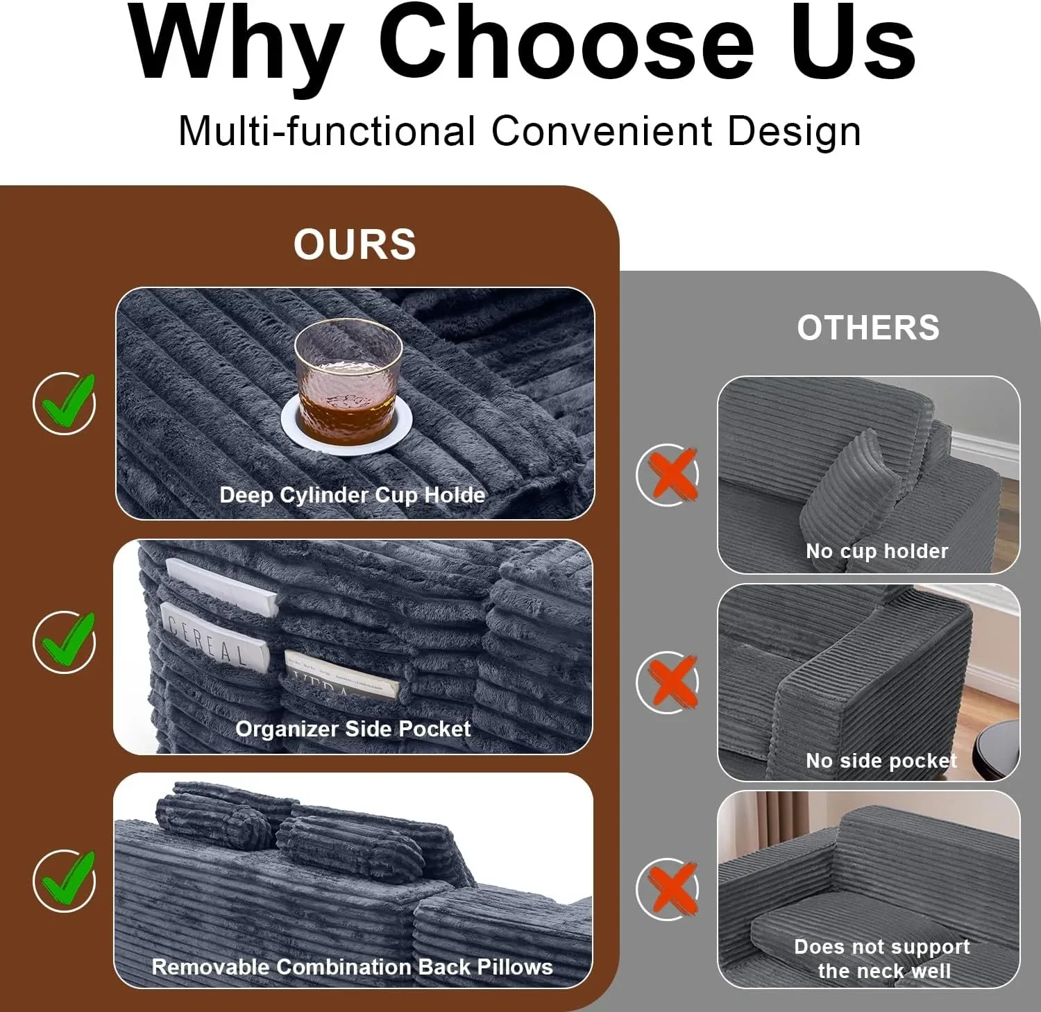 Cloud section sofa with L-shaped recliner modern modular sofa built-in cup holder