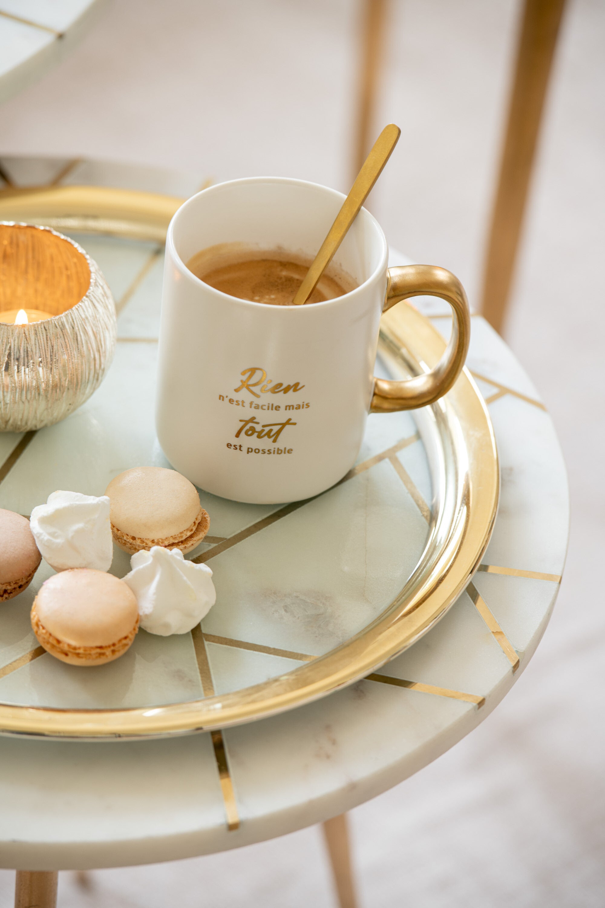 J-Line mok Bericht Positif - porselein - wit goud - 2 stuks