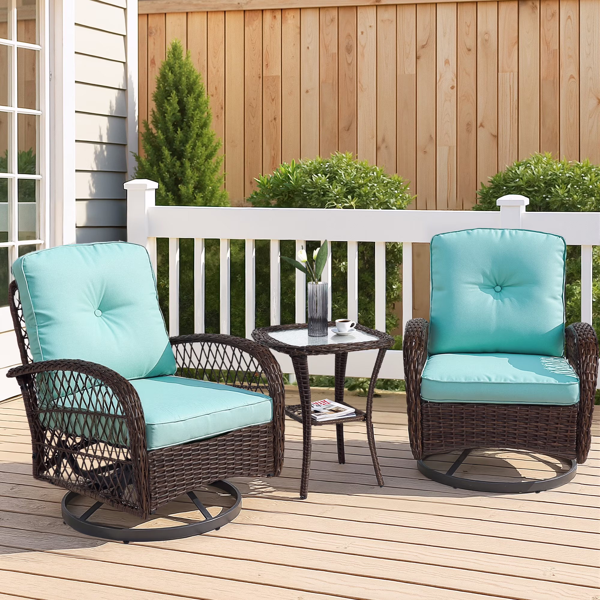 3 Piece Patio Swivel Rocker Chairs Set, 2 360-Degree Swivel Rocking Chairs with 1 Glass Top Table, PE Rattan Outdoor Bistro Set with Cushions for Balcony Deck Poolside Backyard Porch - Image 5
