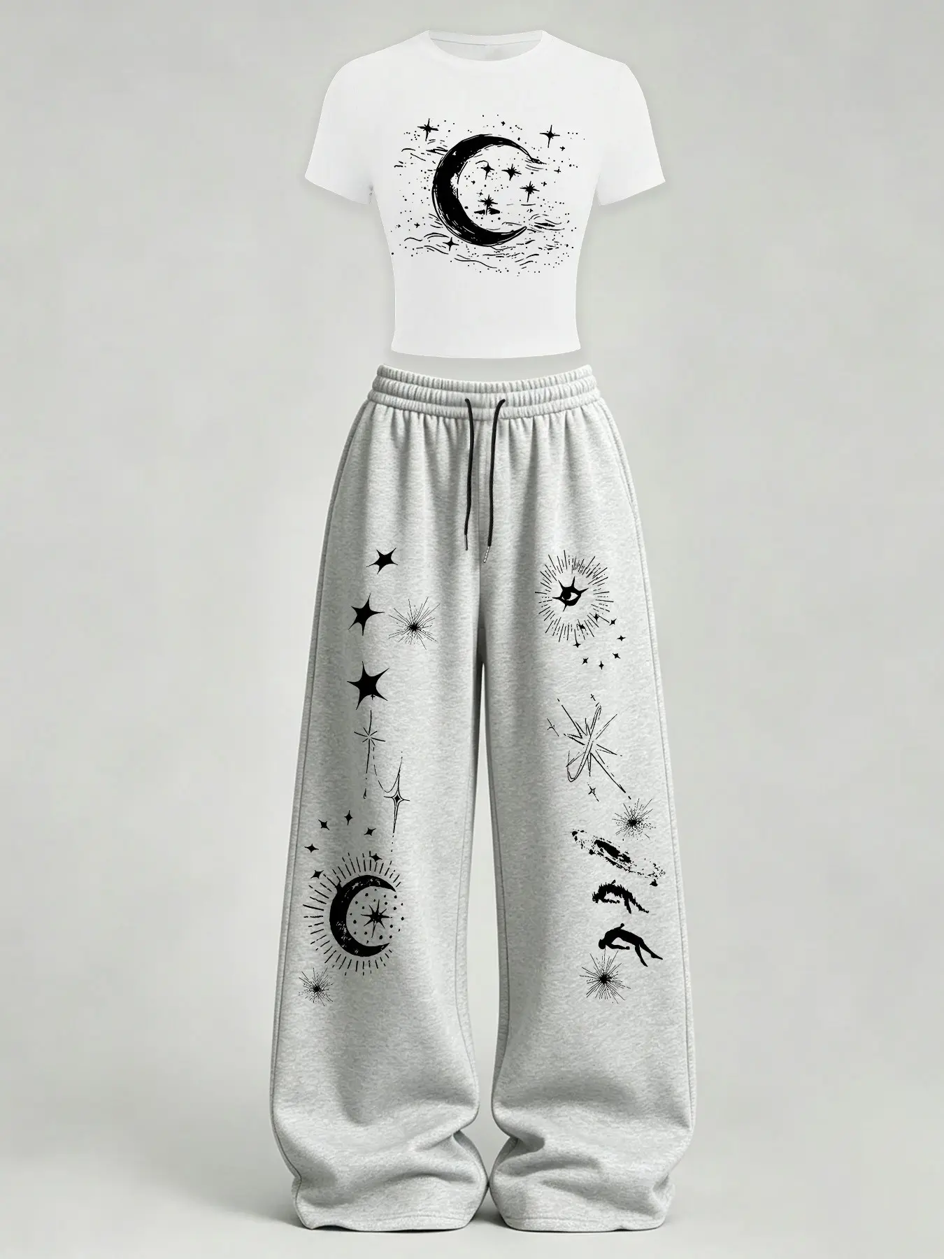 Women's Fitted Short Sleeve Top & Loose Straight Baggy Pants Set, Star Moon Print TeeThreads Sustain the Scene with Custom Apparel