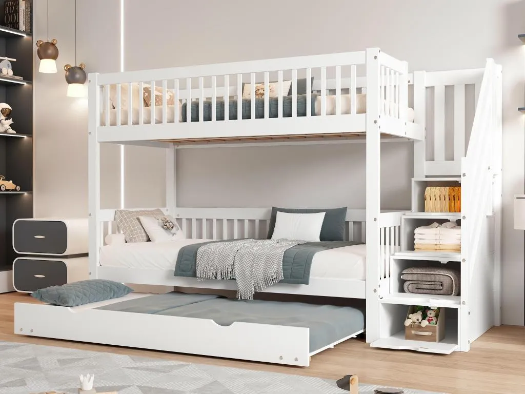 Litera 90x200 cm con cama Prietocasa 90x190 cm - Prietocasa - con escalera almacenaje y barandilla - Blanco