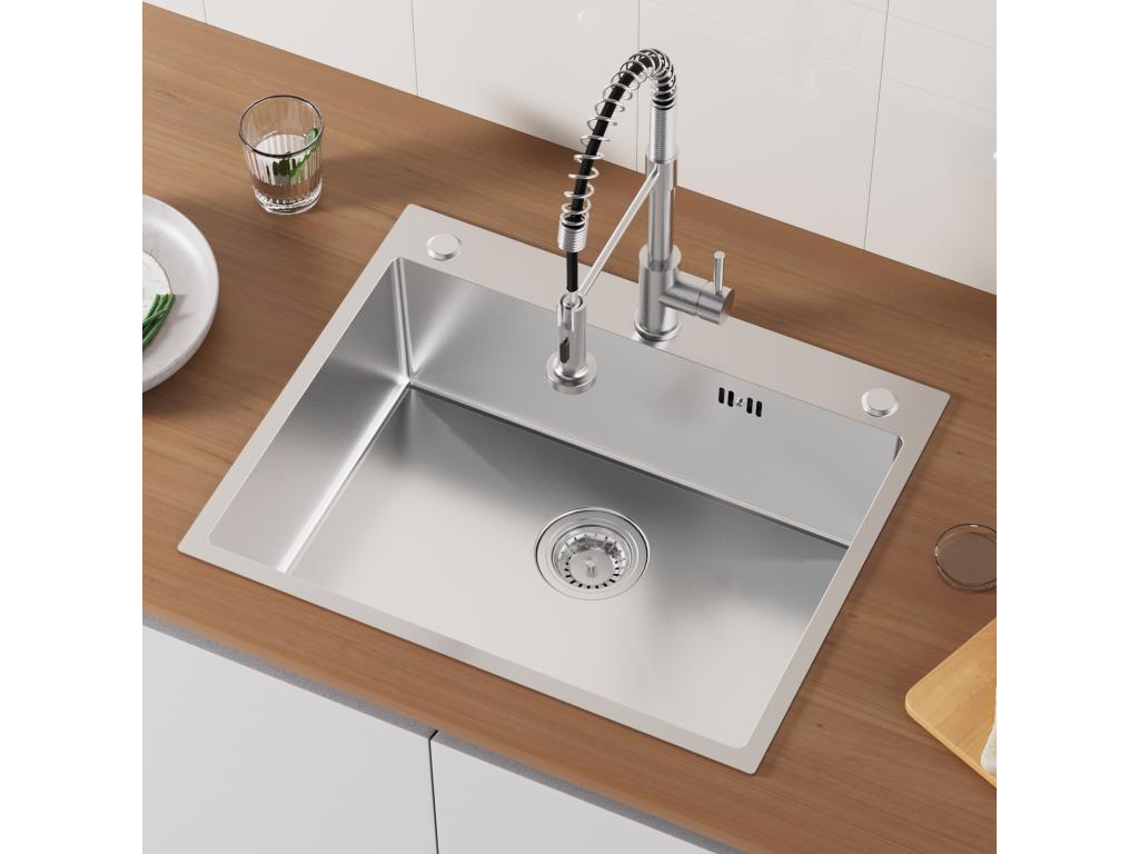 Auralummax Fregadero Cocina empotrado,1 Bandeja,60*49*20CM, Fregadero de acero inoxidable 304,Silver+Gripo Cocina Extragible,Dos Jets,Giratorios 360°