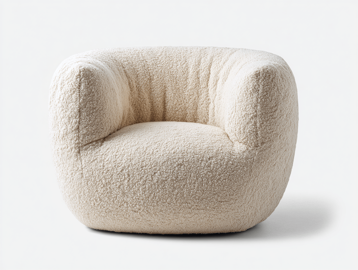 Sillón tapizado en bouclé beige – forma redonda sin patas visibles y estilo minimalista