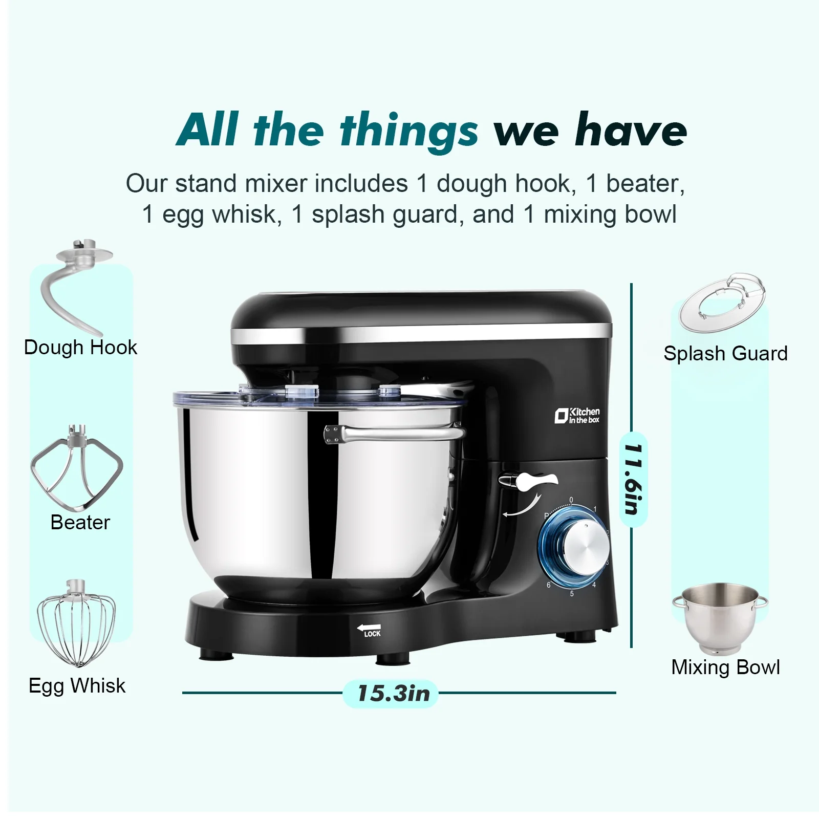 Kitchen in the box Tilt-Head Stand Mixer, Electric Kitchen Mixer with 6.5QT Stainless Steel Bowl, 660W Food Mixer with 6-Speed, Black - Image 8