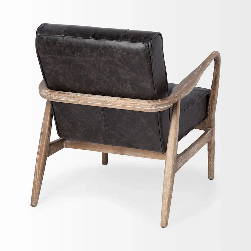 Phineas Black Genuine Leather Accent Chair with Brown Solid Wood Frame