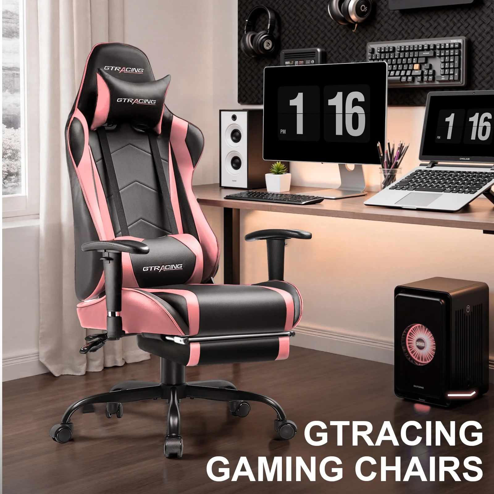 GTRACING Gaming Chair, Ergonomic Office Desk Chair with Lumbar Support, PU Leather, Footrest & Adjustable Headrest, Red - Image 34